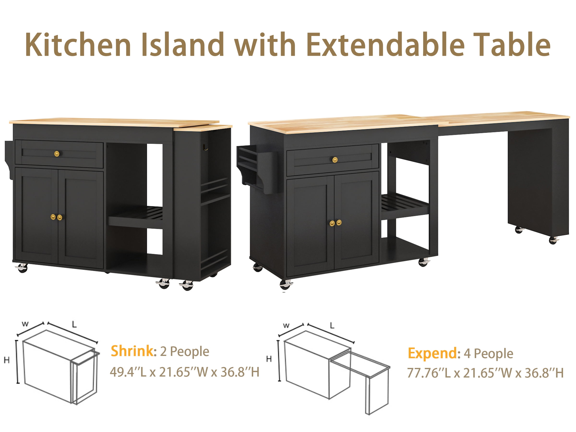 JassmiPkwy 77.8 " Rolling Kitchen Island with Extendable Dining Table, with Wheels, Sided Storage Shelf, Black