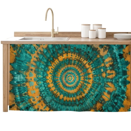 Cabinet Curtain Turquoise Yellow Tie-Dye Art Kitchen Shelf Curtain Desk Under Sink Curtain Skirt Privacy Drape Cover Abstract Boho Tribe Cabinet Curtains for Kitchen Shelves Laundry Room 28x51 Inch