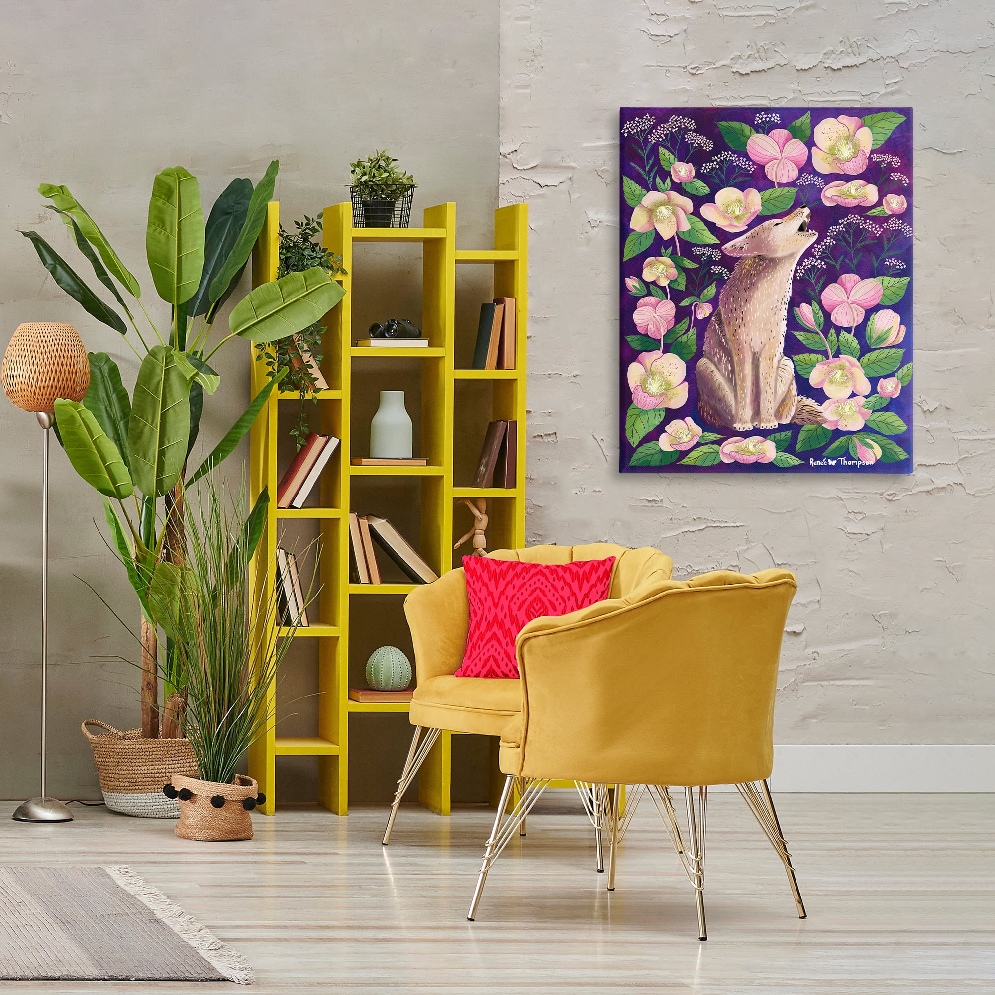 Stupell Industries Coyote & Pink Florals Animals Painting Wrapped Canvas Art Print Wall Art, 30 x 40