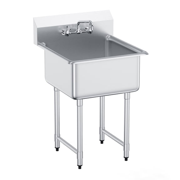 KFFKFF Commercial Single Basin Sink with Faucet & Legs, 27"x41" - Stainless Steel, Free Standing, Ideal for Garage, Restaurant, Kitchen, Laundry - Prep & Utility Sink, Approved