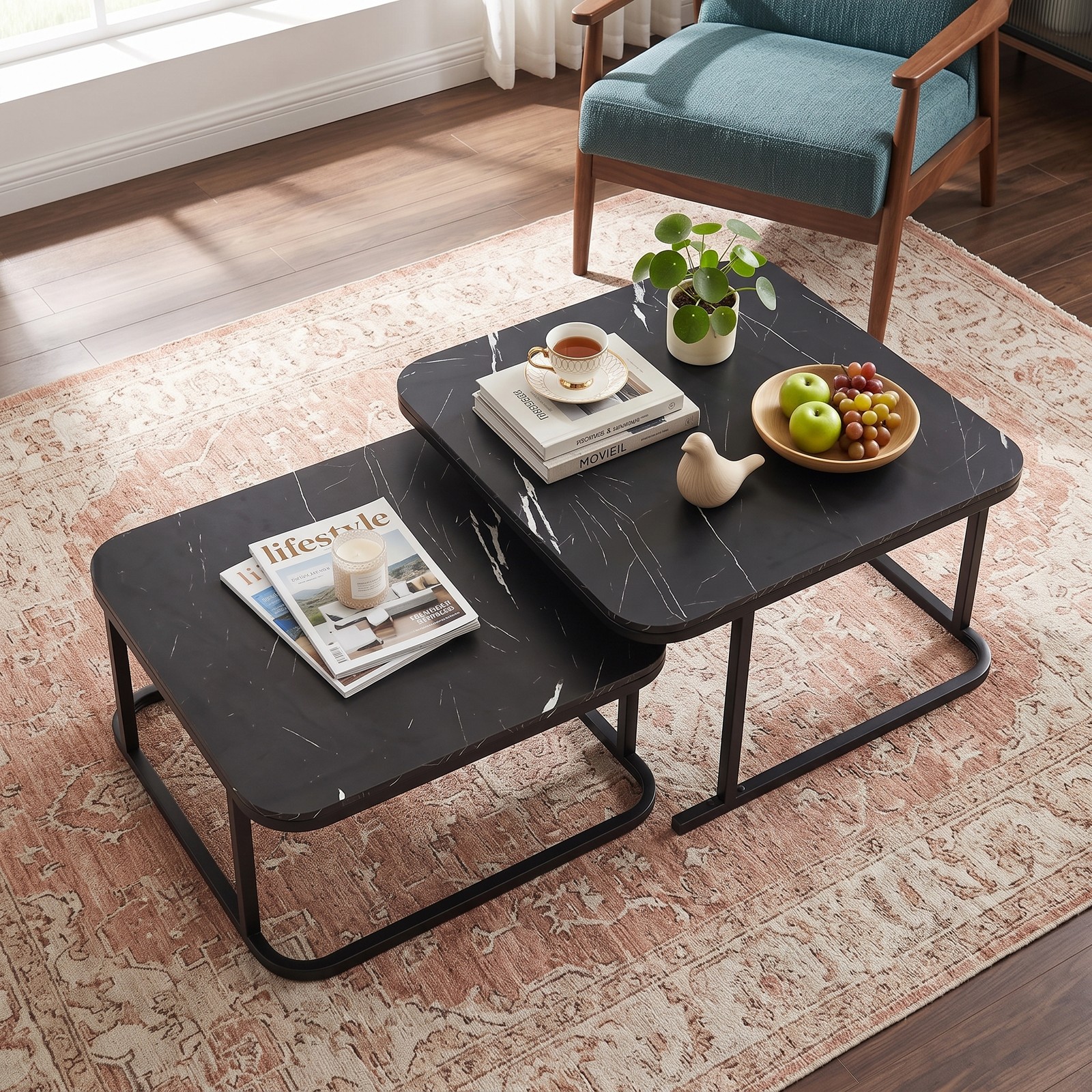 Furnibear Nesting Coffee Table Set of 2, Faux Marble Top Cocktail Tables with Powder-Coated Metal Frame, Stackable Space-Saving Round-Corner Side End Tables for, Black