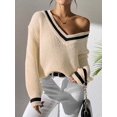 thumbnail image 4 of Women Teen Baggy Fashion Striped Long Sleeve Knit Tops Fall Winter Vneck Pullover Preppy Clothes  XL, 4 of 6