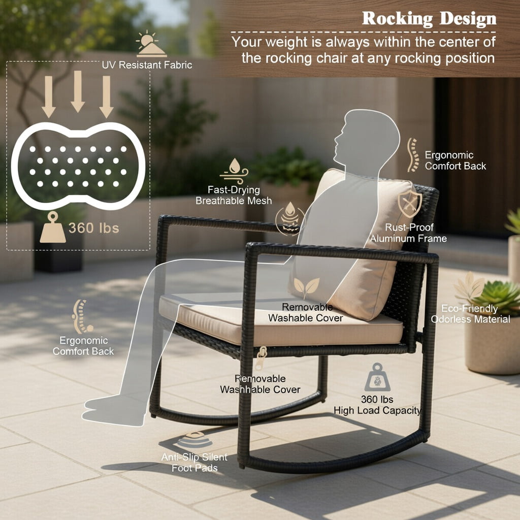Hommoo 3-Piece Wicker Rocking Bistro Set, Outdoor Patio Chairs + Tempered Glass Coffee Table with Storage Shelf, Brown