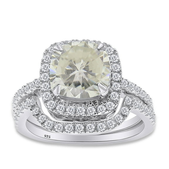AFFY 14k White Gold Plated Sterling Silver Center 3.5ct 9X9mm Cushion Cut Moissanite Halo Engagement Ring Bridal Sets Ring Size-8