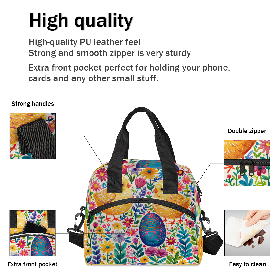 Herdesigns Watercolor Chicken Hen Insulated Lunch Bag for Women Men Adults Large Reusable Lunch Box Rustic Farmhouse Leakproof Cooler Tote Bags with Adjustable Shoulder Strap