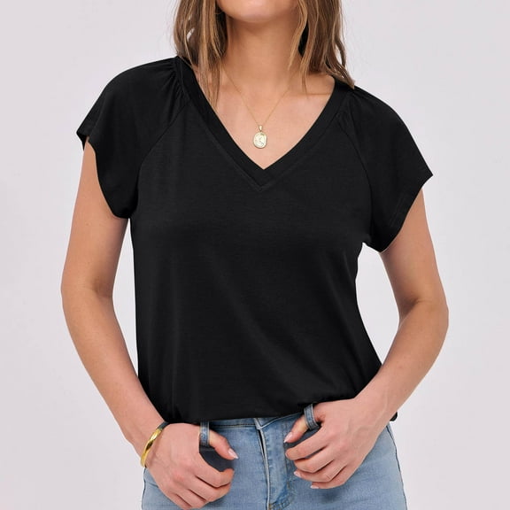 DPTALR George Women's Short Sleeve V-Neck Cute Fit Summer Casual Tee Tops,Black,Size L