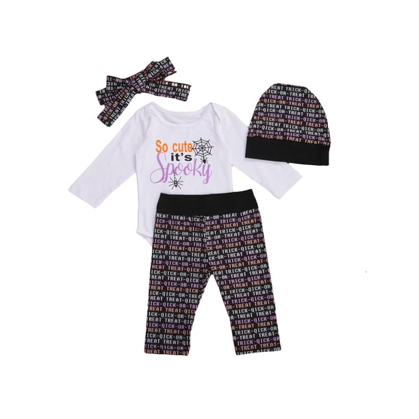 Conjunto de 4 piezas para bebé para Halloween: pelele con estampado de calabaza y red, pantalones largos, diadema con lazo y gorro.