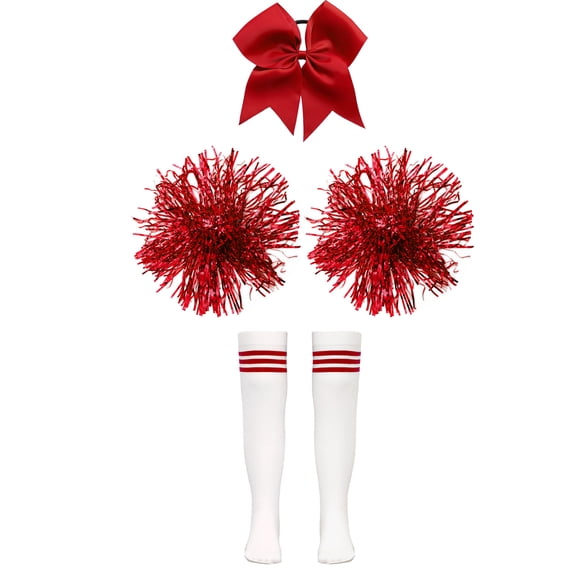 renvena Girls Cheerleading Pom Poms Set with Bowknot Hair Band Knee Lentgh Stockings for Cheer B White&Red M