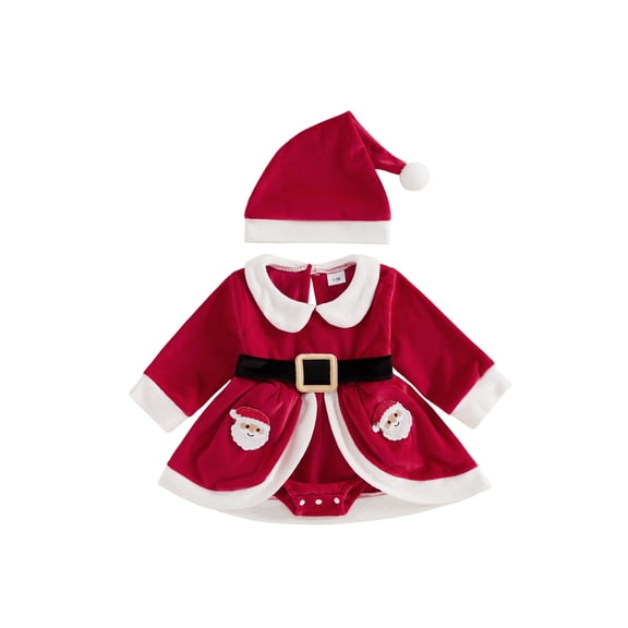 RUINIXCW Newborn Baby Girl Christmas Outfit Velvet Romper Dress Xmas Santa Elf Dress Infant Baby Girl Fall Winter Plush Trim Long Sleeve Dress Belt Hat