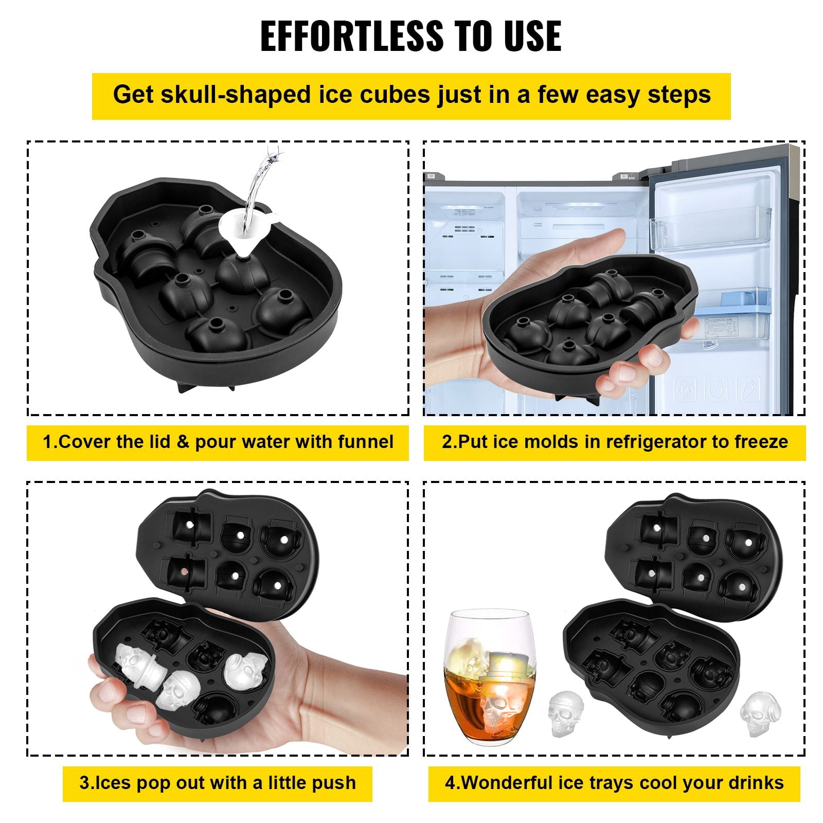 6-Grid Skull Shaped Ice Cube Tray with Lid & Funnel, Food-Grade Silicone 3D Skull Mold, Sealed Leak-Proof for Whiskey Cocktails Halloween Party Bar
