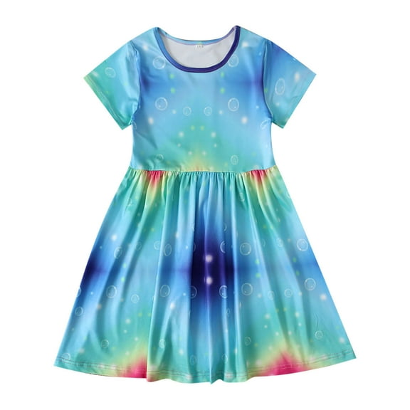 Fjofpr Girls Dresses $ 5.00 Summer Girls Short-sleeved Color Tie-dye Pattern Round Neck Dress(4-9years)