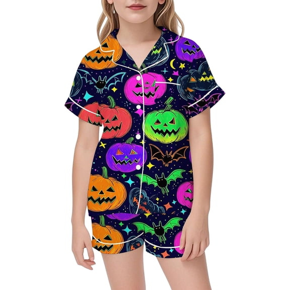 CAIVO Girls Halloween Pajama Sets Sleepwear 2 Piece Short Sleeve Lapel Button Down Shirts Tops With Shorts For Kids Pjs