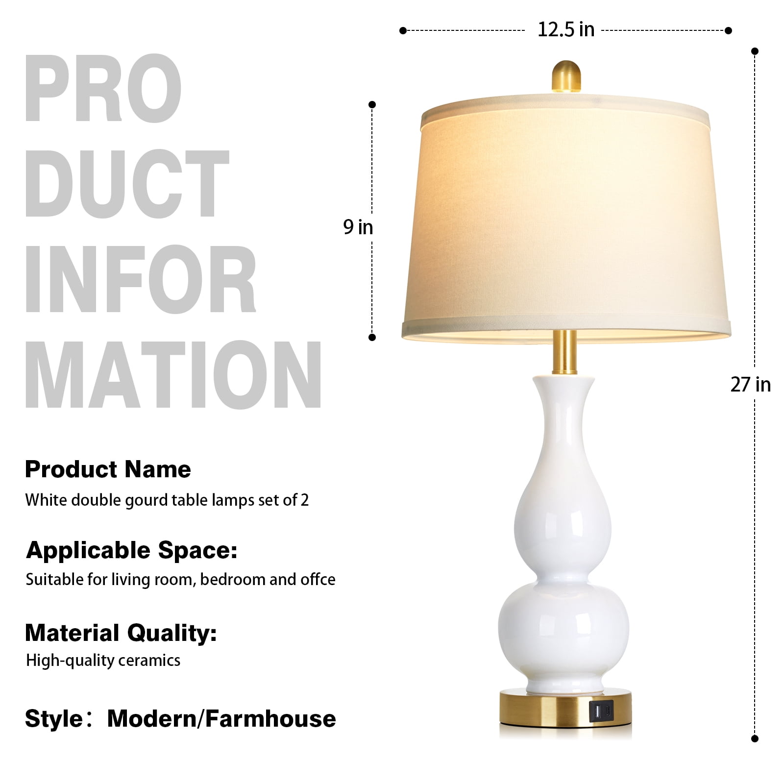 Lolikit 27" Modern Ceramic Table Lamp Set of 2 for Bedroom Living Room,Farmhouse Bedside Nightstand Lamp with USB Charging Port,LED Bulbs Included
