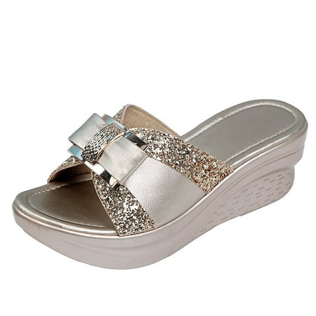 

Puntoco Women Sandals Clearance，Summer Outdoor Thick Bottom Slope with Non-Slip Slippers Gold