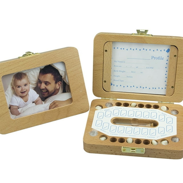 Estuche Caja de dientes de bebé Casa dental de madera Niños Caja de caída de dientes de bebé Hoto Frame Dientes Almacenamiento de cabello Contenedor Saver Memorial Box con varios accesorios TOMSHOO Estuche