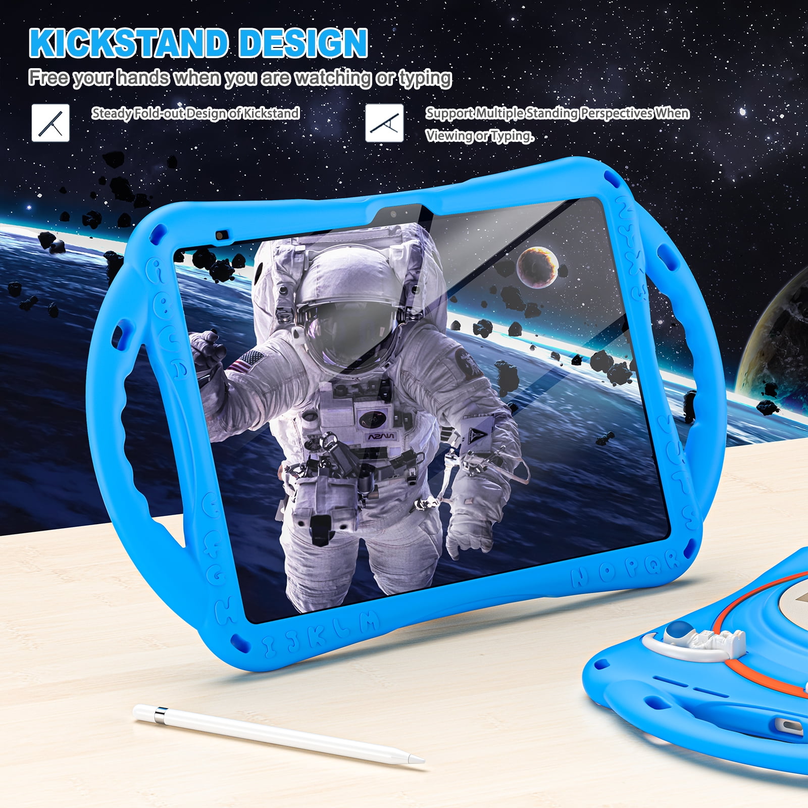 ELEHOLD for iPad 6th/5th Generation 9.7 inch Kids Case, Heavy Duty Pencil Cap Holder Kickstand 360° Rotating Hand Strap Carrying Shoulder Strap Shockproof Child-Proof Rugged Case, Blue