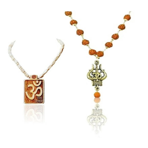 Kamada Combination of Om Namah Shivay Tulsi (Basil) Pendant mala and exquisite Shri Trishul rudraksha mala,Spritual Pendant Necklace for Women and Men