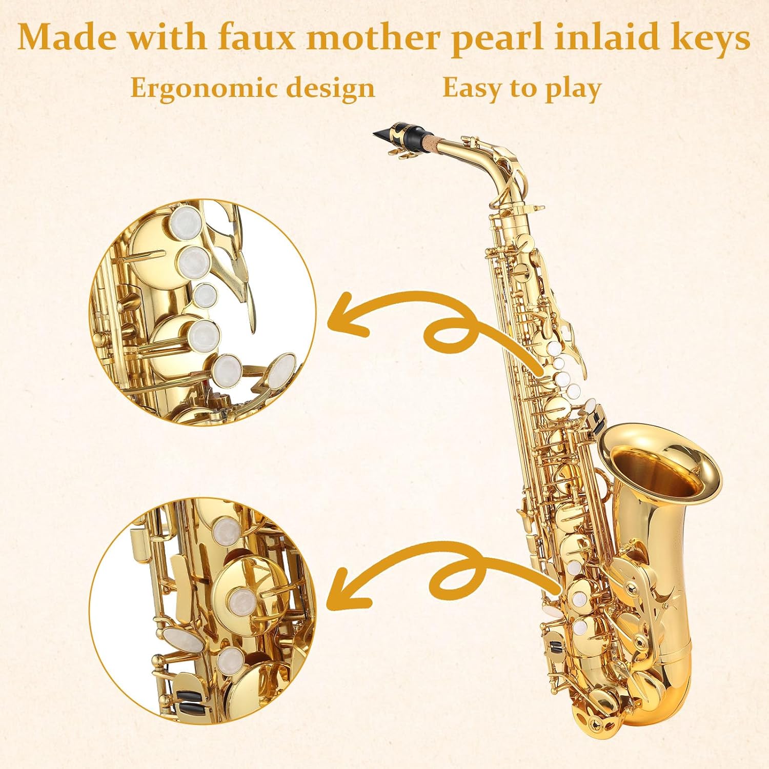 AS-100 Eb Alto Saxophone, Gold Lacquer Full Kit with Cleaning Cloth, Gloves, Brush, Headjoint, Reed, Strap, Stand & Case, Alto Sax for Beginners and Professionals, Gold
