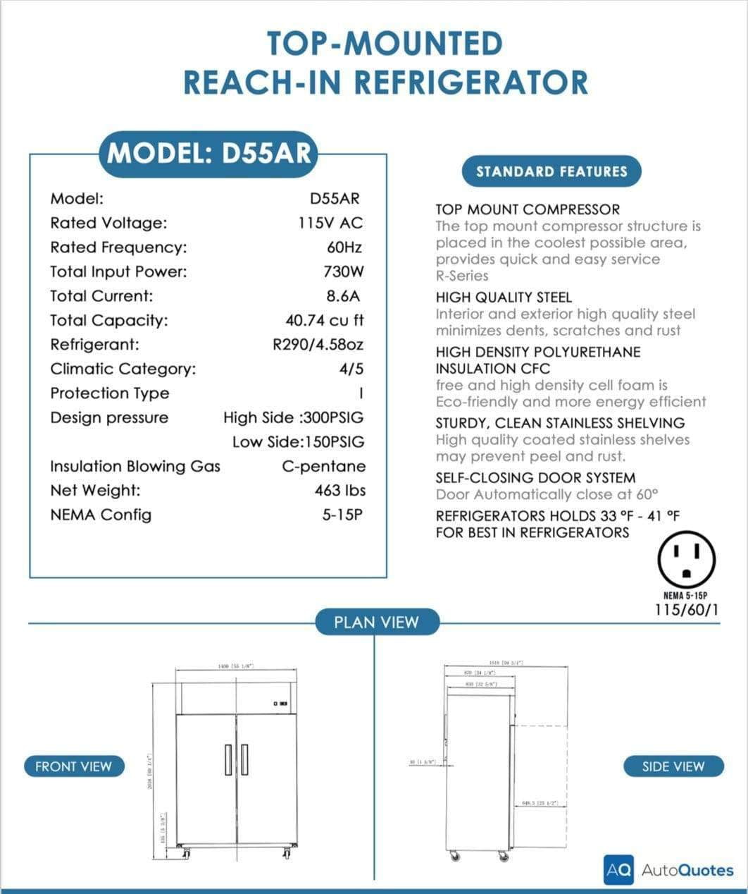 Dukers - D55AR Commercial 2-Door Top Mount Refrigerator in Stainless Steel
