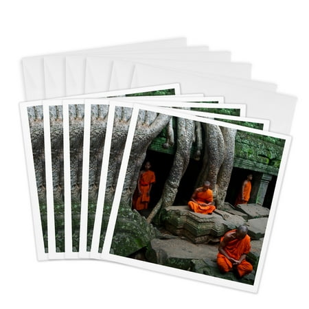 3dRose, Four Orange and Green Theravada Buddhists at Ta Prohm Jungle Temple , 6 Greeting Cards with envelopes