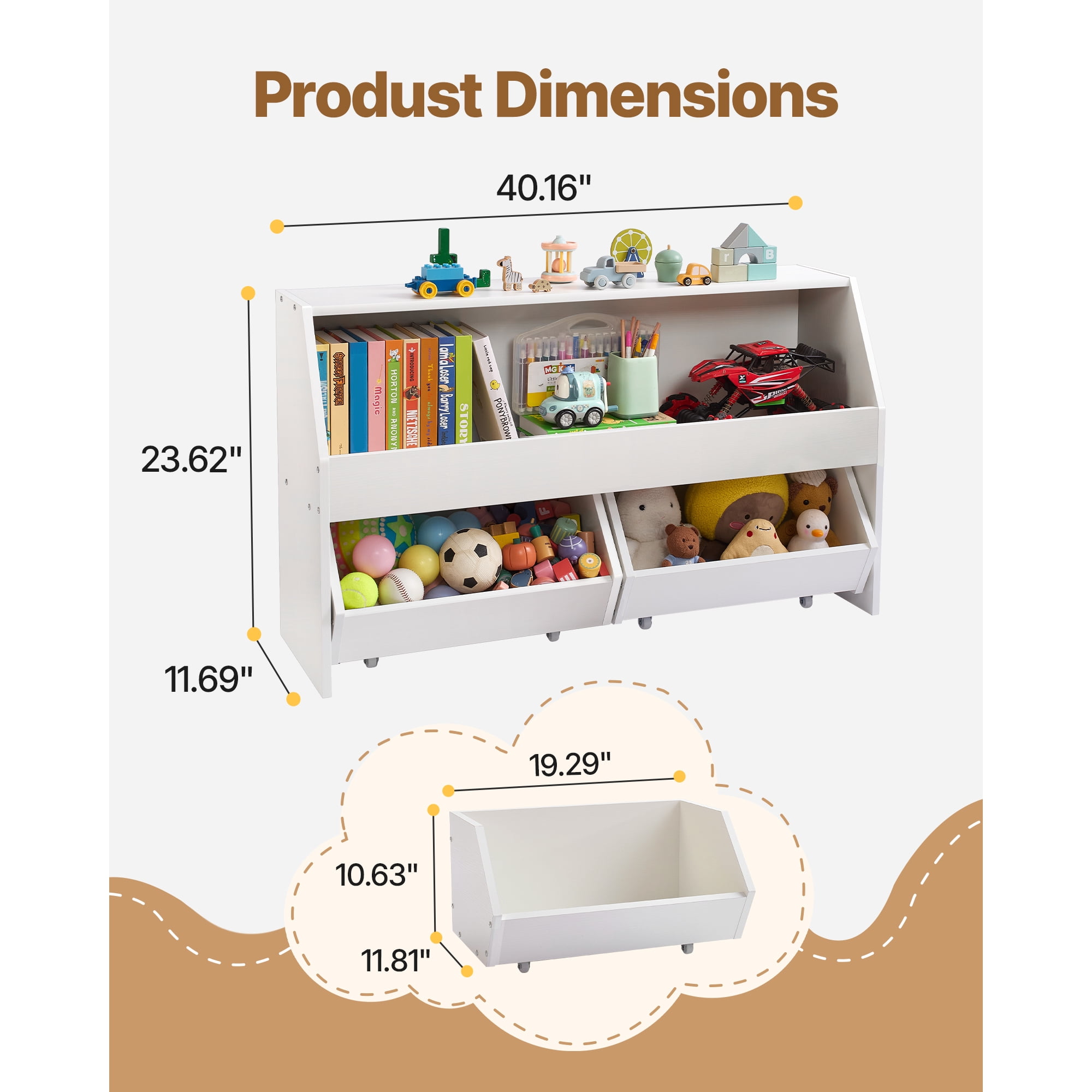 KFFKFF Wooden Kids Storage Organizer with Bookshelf, Toy Cabinet Featuring 2 Mobile Drawers, Ideal for Bedroom, Nursery, Living Room, Entryway, or Preschool, White