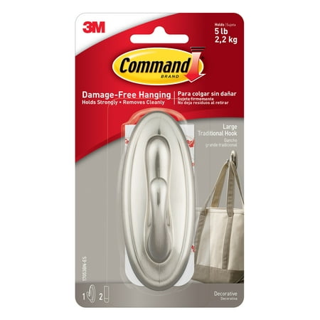 Command Traditional Hook, Brushed Nickel, Large, 1 Hook, 2 Strips/Pack