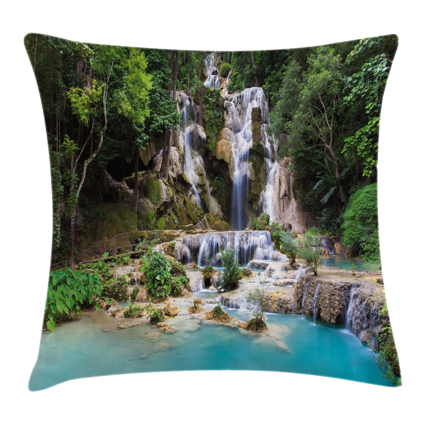 Waterfall Decor Throw Pillow Cushion Cover, Waterfall in Corner of Lake ...