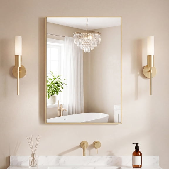 Bigleap 30"x22" Gold Bathroom Mirror, Anti-Rust Aluminum Frame Wall Mounted Vanity Mirror, Rectangular HD Tempered Glass for Bathroom Vanity, Horizontal or Vertical Hanging
