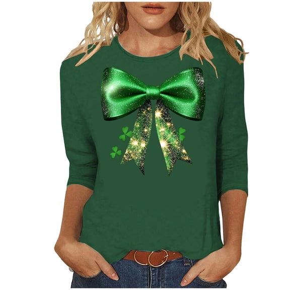 Womens Funny St Patricks Day Shirts 3/4 Sleeve Crewneck Green Graphic Comfy Casual Loose Fit Tee Shirts Pullover Tops (XXL, Green)
