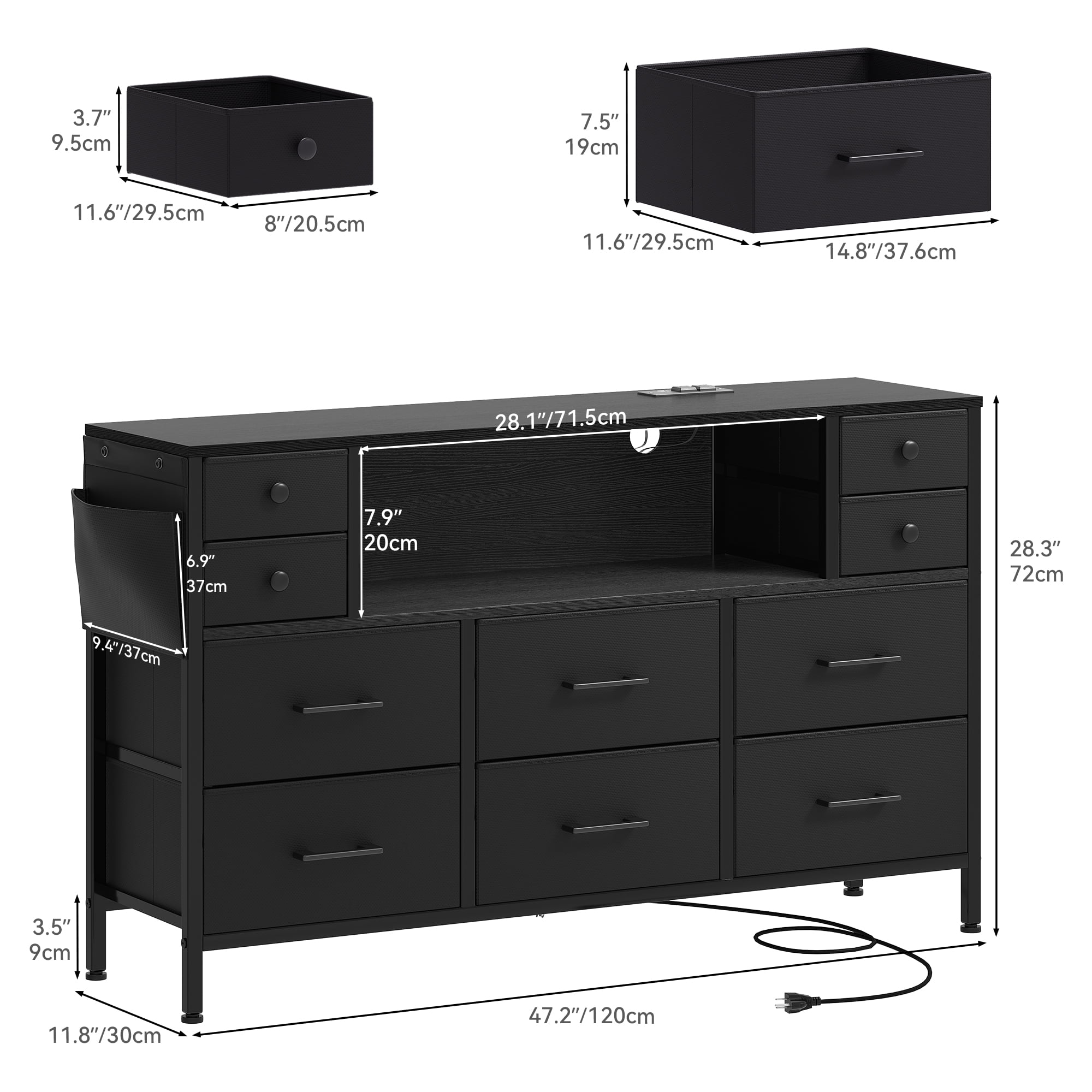 Uforic 10 Drawer Fabric Dressers with Power Outlets LED Lights for up to 55" TV for , Black
