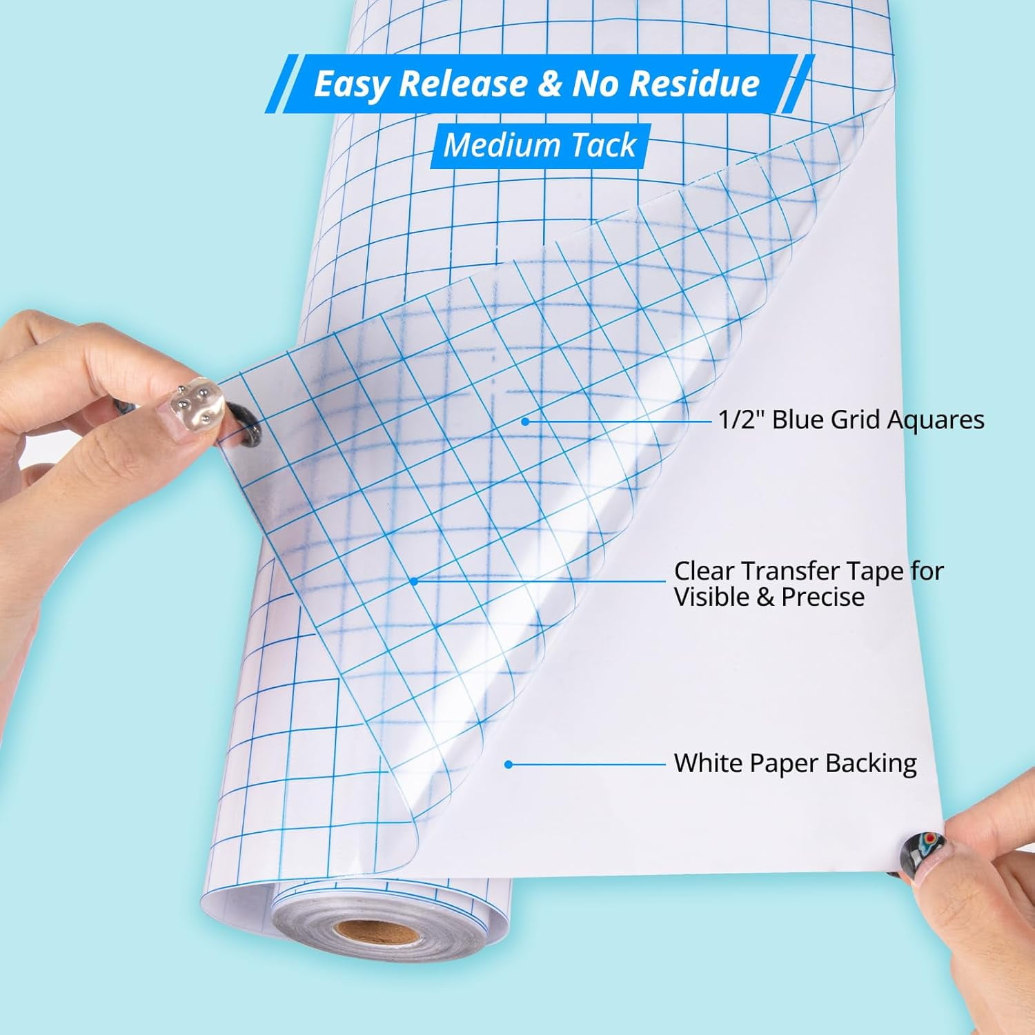 Transfer Tape for Vinyl - 12” x 50 FT w/Blue Alignment Grid for Adhesive Vinyl - Medium Tack Vinyl Transfer Tape for Silhouette Cameo