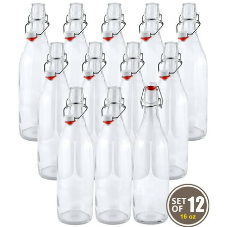 Estilo Swing Top Easy Cap Clear Glass Beer Bottles, Round, 16 oz, Set of 12