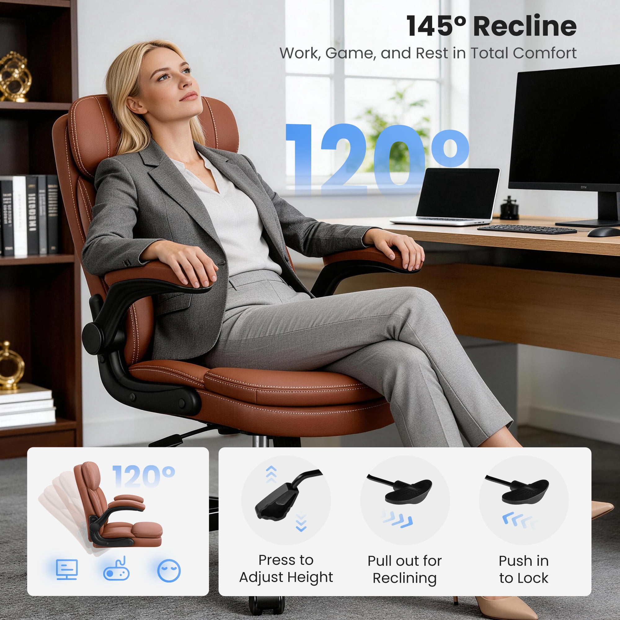 COOLHUT 400LBS Big and Tall Office Chair, Executive PU Leather Desk Chair Thick Seat Cushion and Neckrest, Support 8 Hours Heavy Duty Design, 8-Years Warranty, Brown