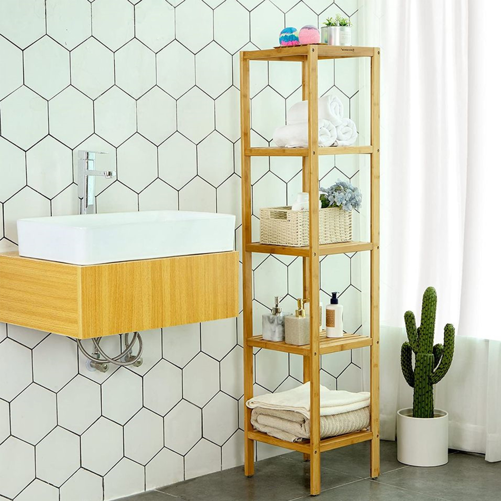 Bamboo Bathroom Corner Shelf 5 tier Bathroom Shelving Unit Organizer