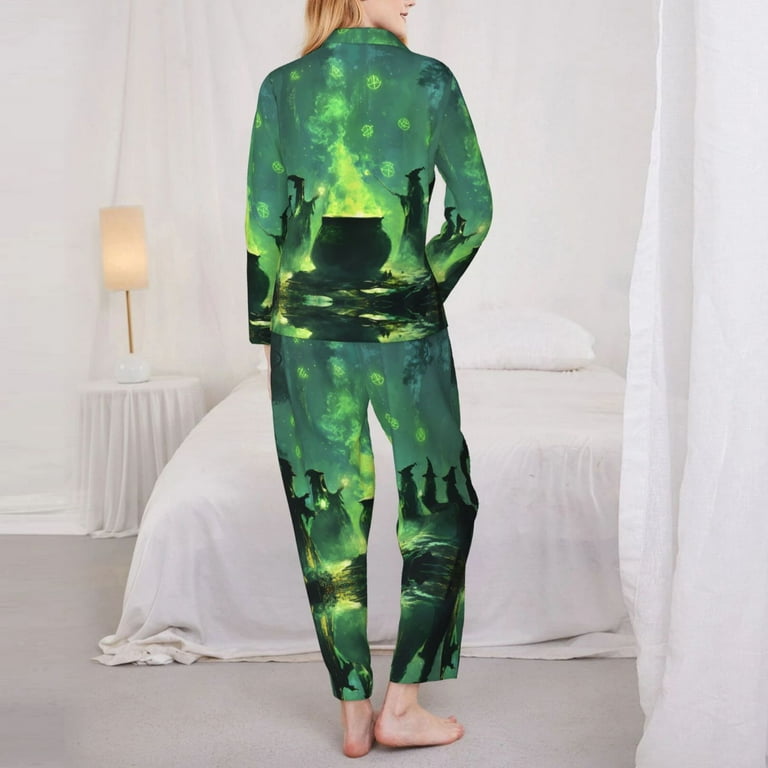 Halloween Pajamas Women Halloween Green Witch Pajamas for Women Set Comfy Pjs Sets for Women 2 Piece Soft Sleepwear Ladies Pj Lounge Sets with Pockets Walmart