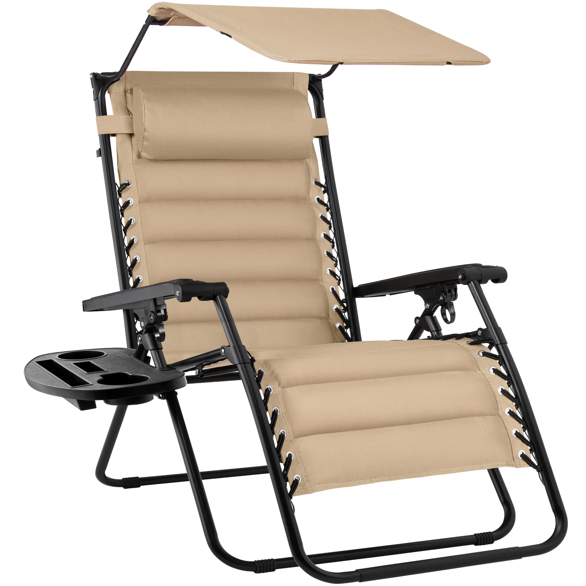 Best Choice Products Oversized Padded Zero Gravity Chair w/ Canopy Headrest Cup Holder Side Tray - Beige