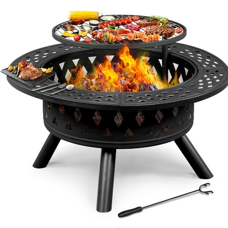 Zimtown Fire Pit for Outside 38 inch Wood Burning Firepit Large Steel Firepit Bowl with Removable Cooking Swivel BBQ Grill for Backyard Patio