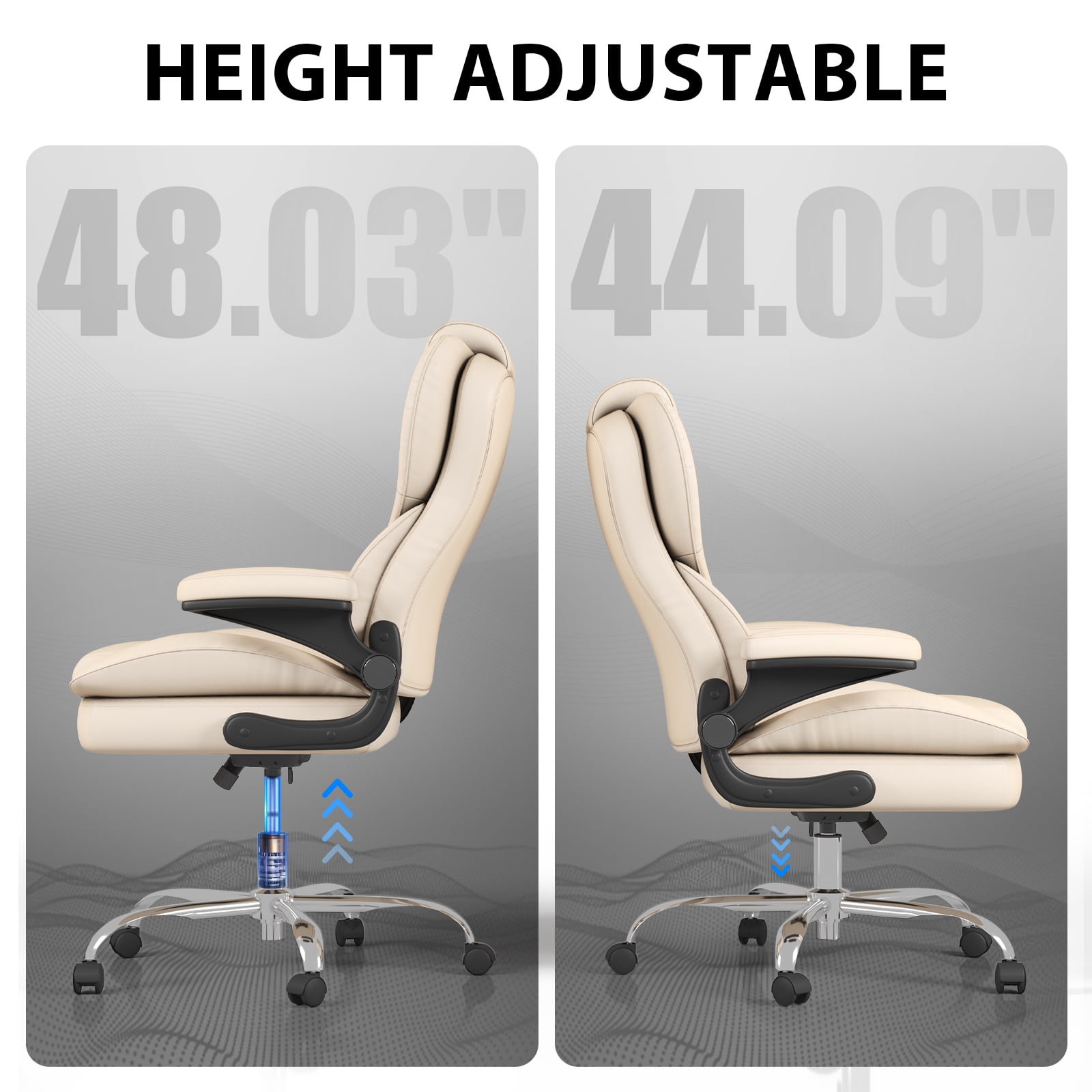 Hovos Big and Tall Office Chair with Flip-up Arms, Ergonomic Home Computer Desk Leather Chair, 360° Swivel Computer Desk Chair, Quiet Nylon Wheels, Beige
