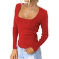 thumbnail image 2 of JUNWELL Women‘s Basic Square Neck Long Sleeve Solid Slim Fitted Ribbed T-Shirt Top Soft Comfy Tunic Tees Tops, 2 of 7