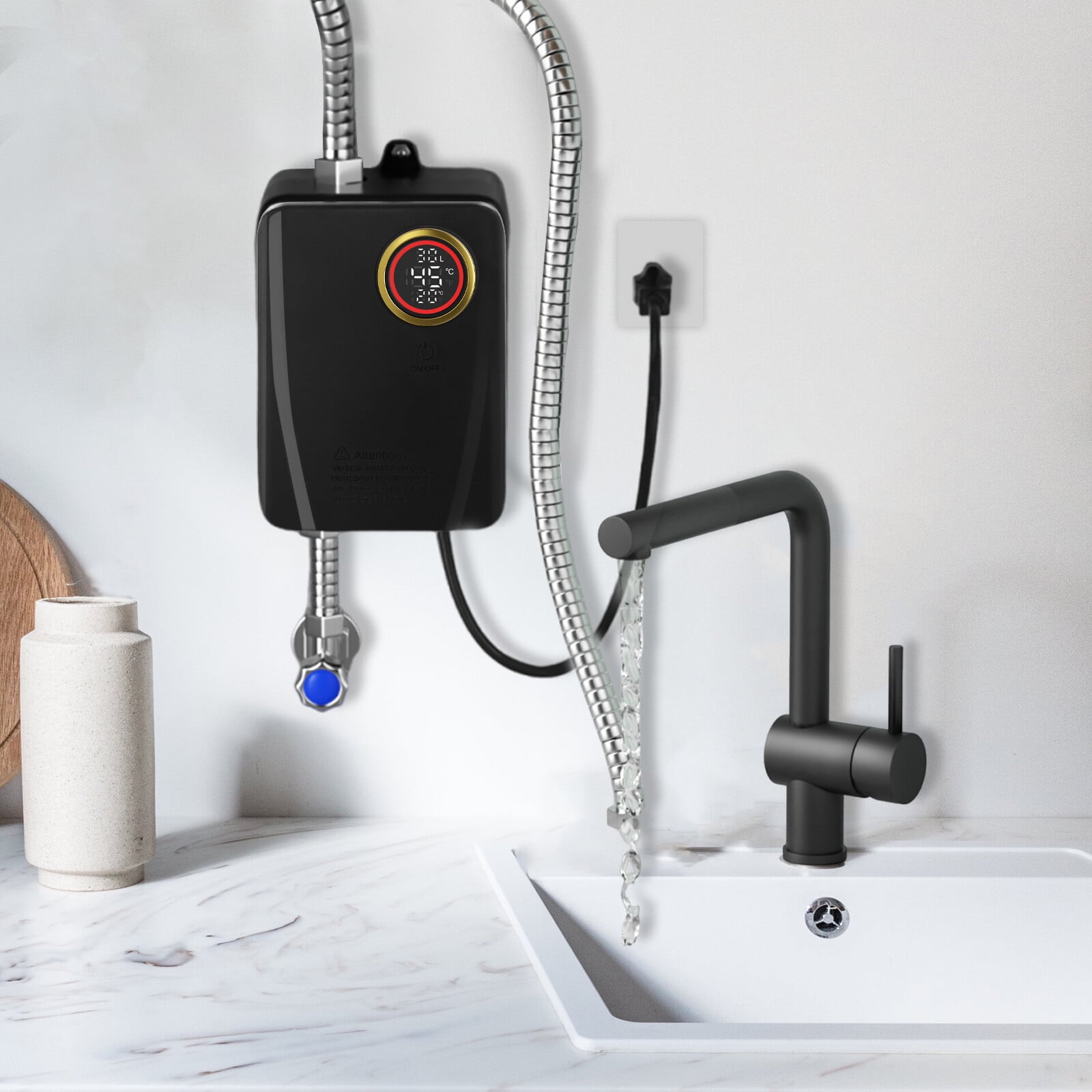 3KW Electric Tankless Water Heater Instant Hot Shower Kitchen Heater LED Display 4.57*2.76*7.68in for Homes, Schools, Hospitals