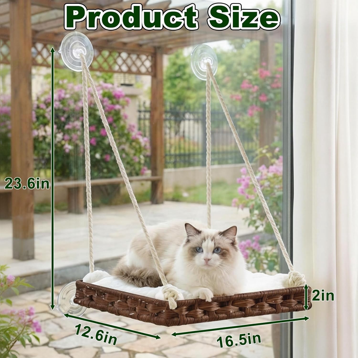 Cat Window Perch with 4 Strong Suction Cups,PE Rattan Basket Hammock with Soft Washable Plush Cushion,Cozy Hammock Perches for Large Indoor Cats Kittens Sunbathing Bird Watching