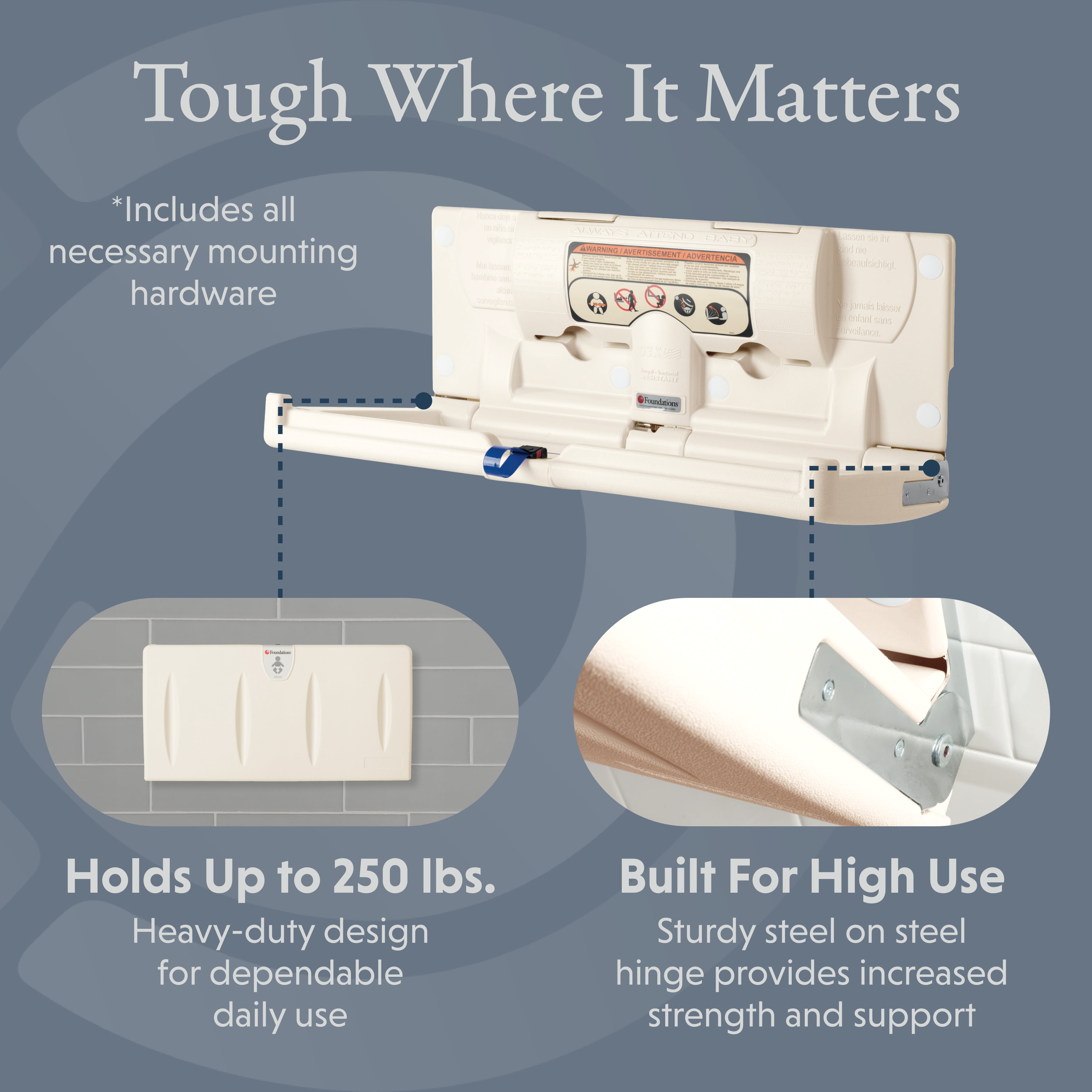 Foundations Classic Horizontal Baby Changing Station, EZ Mount Backer Plate, 250 lb. Weight Capacity, 5211089, Cream