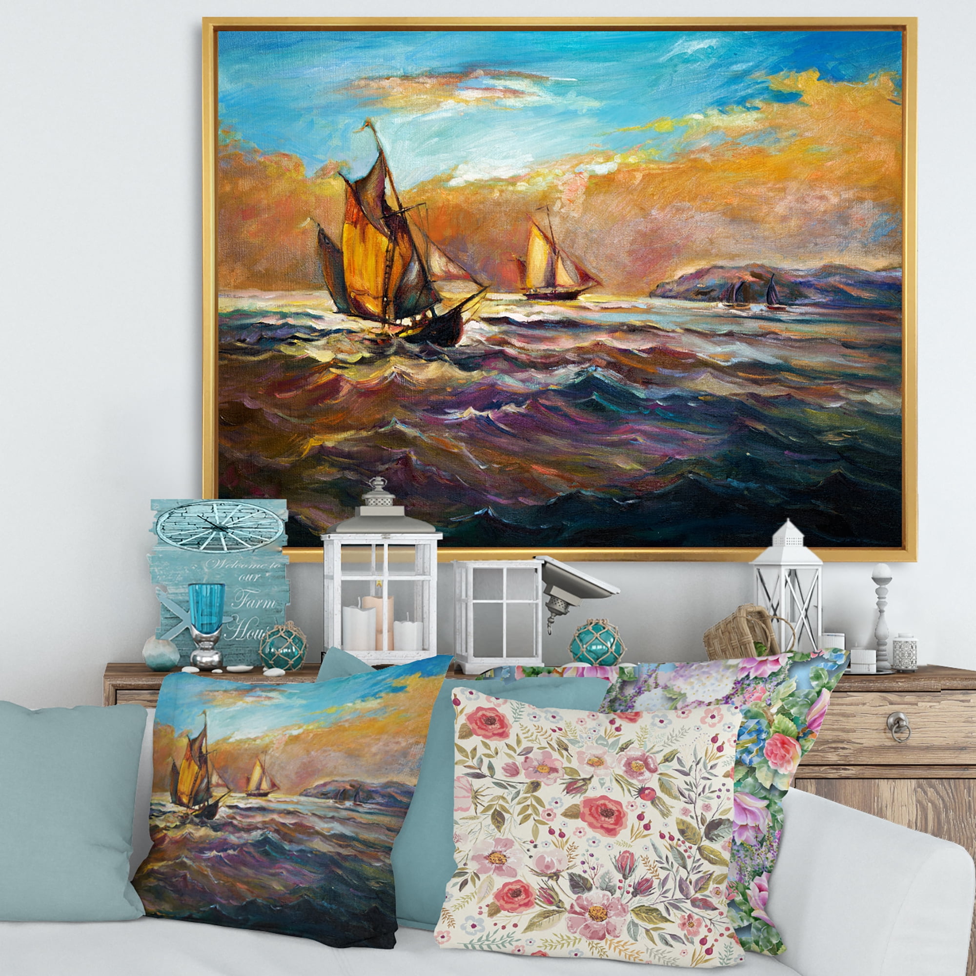 Designart 'Boats During Evening Sunset In The Ocean II' Nautical & Coastal Framed Canvas Wall Art Print
