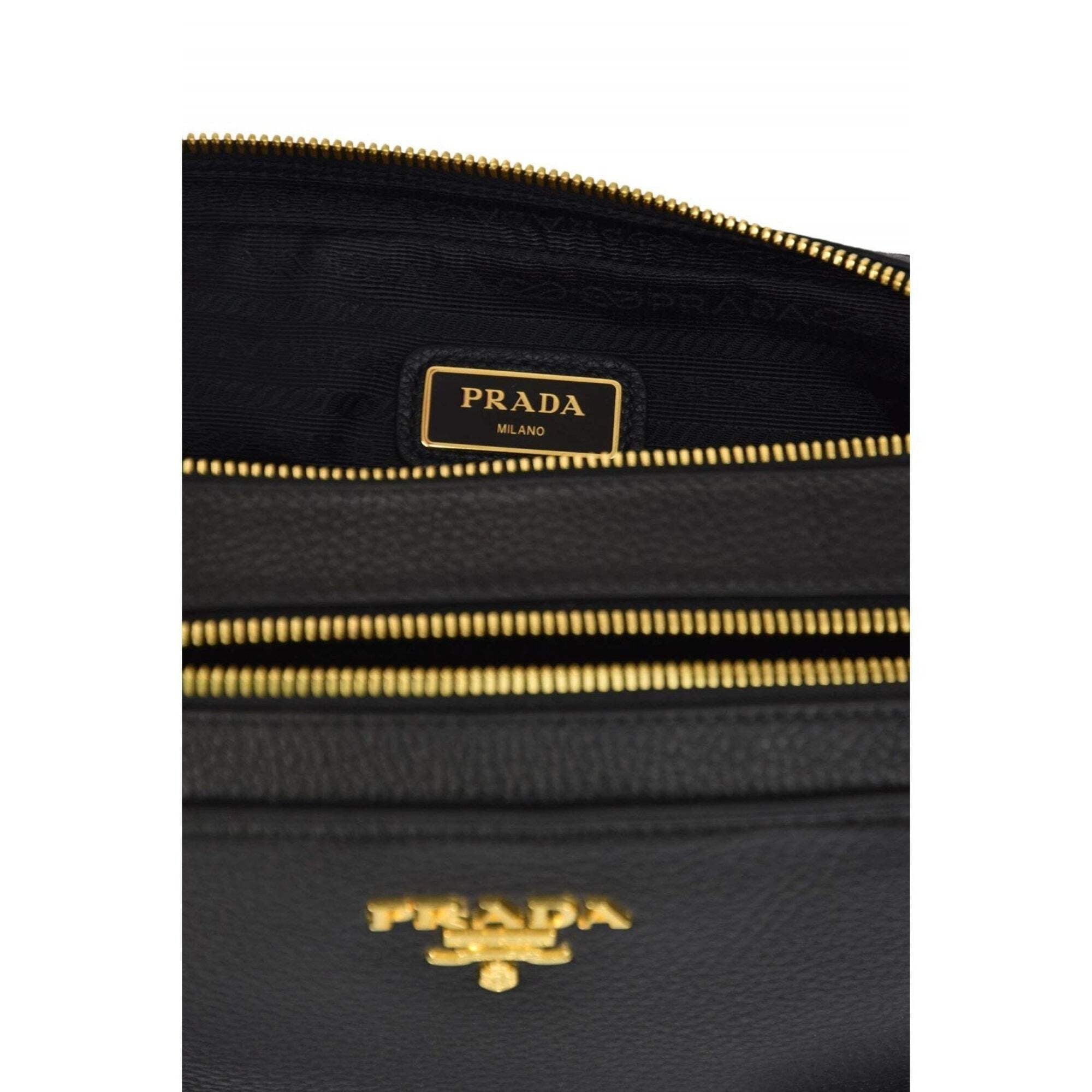 New Prada Black Vitello Phenix Leather Double Zip Cross Body Bag
