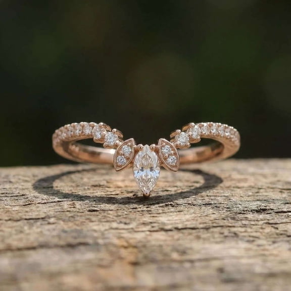vylahjewellery Classic Marquise Cut Moissanite Engagement Ring with Round Cut Diamond Accent Promise Ring for Women 14K Vermeil Rose Gold Stackable Anniversary Wedding Jewelry Gift