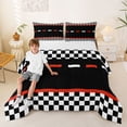 thumbnail image 2 of Castle Fairy Retro Race Border Queen Comforter Set 3pcs for Boys, Stripe Track Motif Bedding Comforter Set for Bedroom, Red Black,Black Reversible, 2 of 6