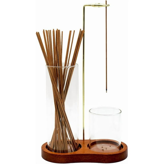2-in-1 Wooden Incense Holder for Sticks, Dual Glass Cylinders for Anti-Ash Flying and Incense Sticks Storage, Upside Down Incense Stick Burner for Yoga, Spa, Meditation & Room Décor