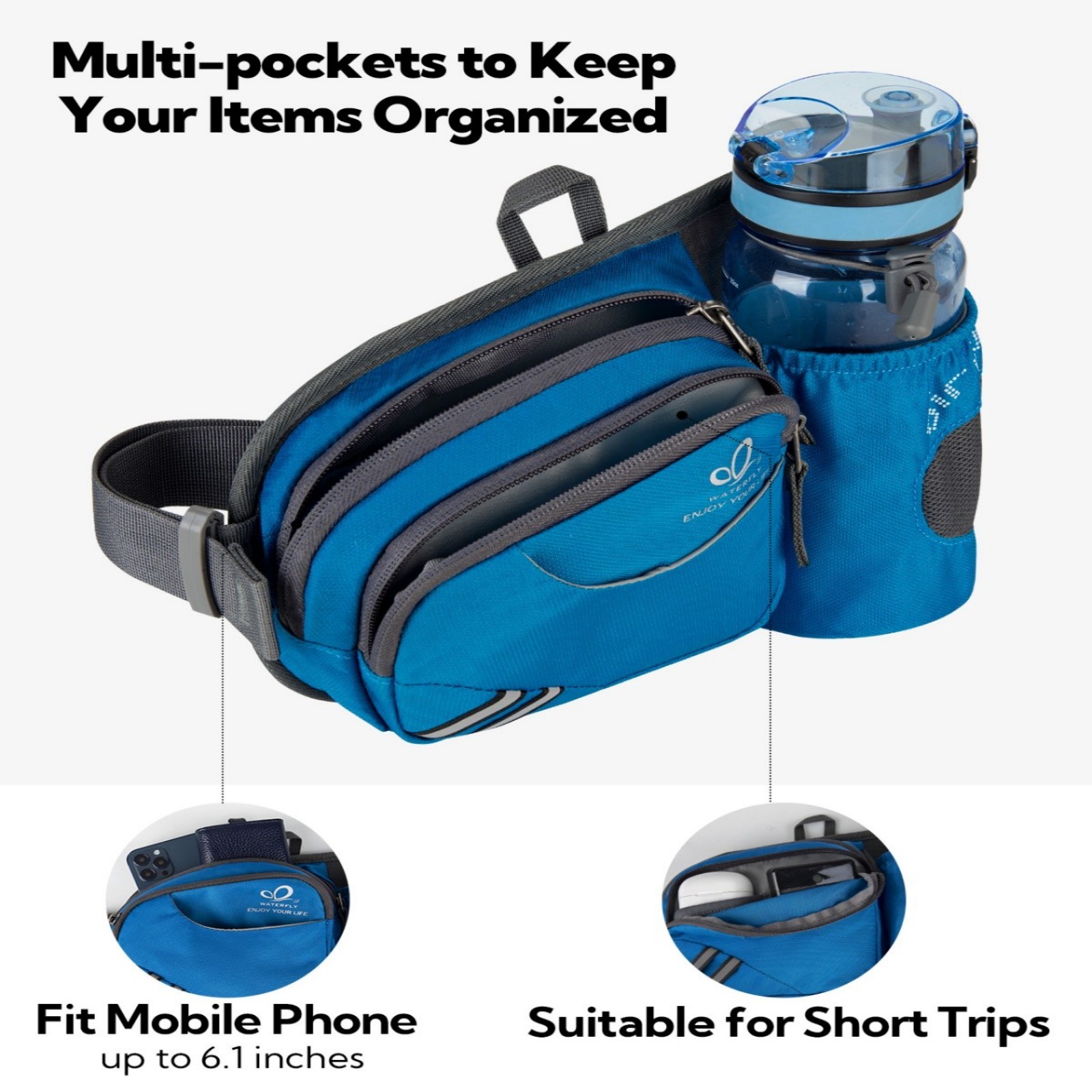 WATERFLY Unisex 3.5L Nylon Fanny Packs with a Water Bottle Holder Travelling Hiking Walking,Blue