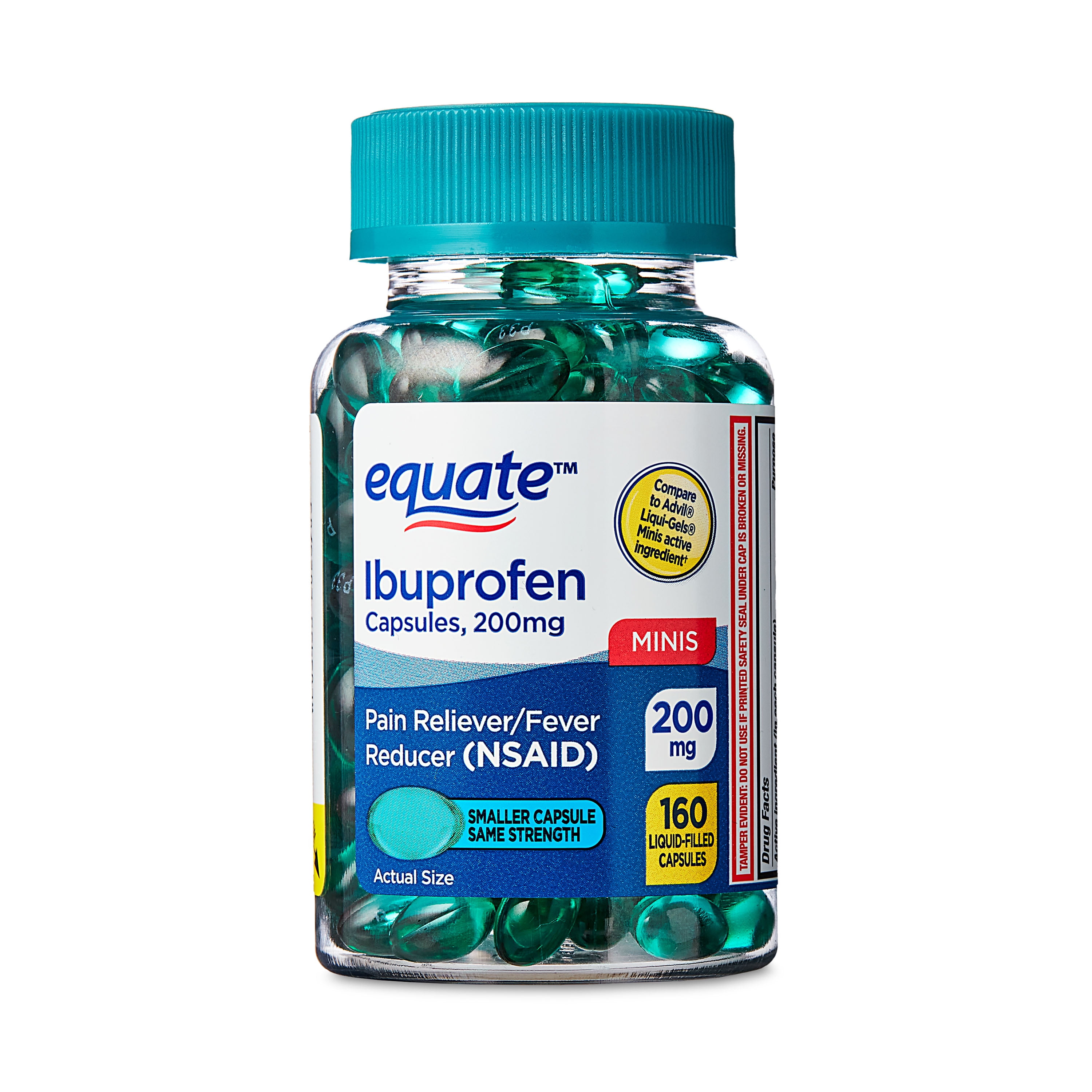(4 pack) Equate Ibuprofen Mini Liquid Filled Softgel Capsules, 200 mg, Pain Relief & Fever Reducer, 160 Count, Compare to AdvilÂ® LIQUI-GELS Minis Active Ingredient