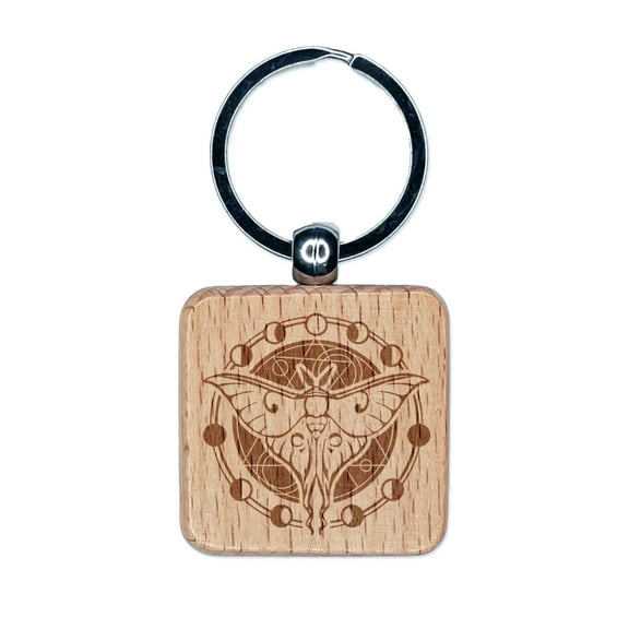 Lunar Moth Moon Phases Waning Waxing Crescent Square Keychain Charm Tag - Engraved Wood